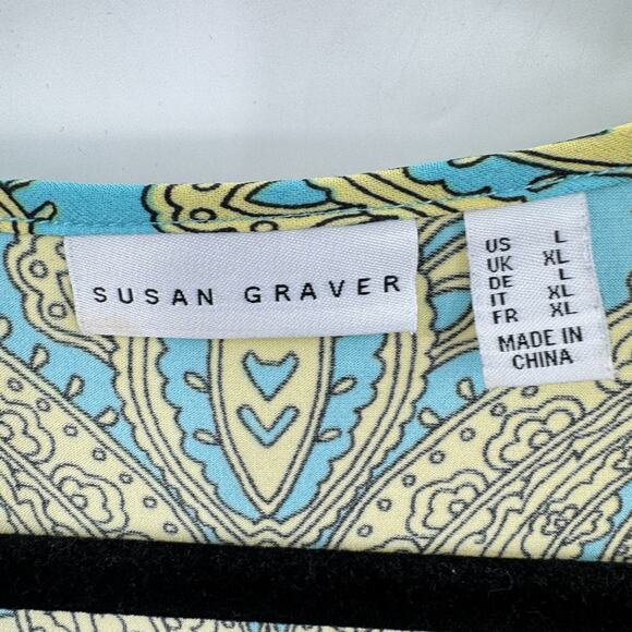 Susan Gravel Liquid Knit Paisley Floral Popover Top Size L Blue Pretty Office - Picture 6 of 11